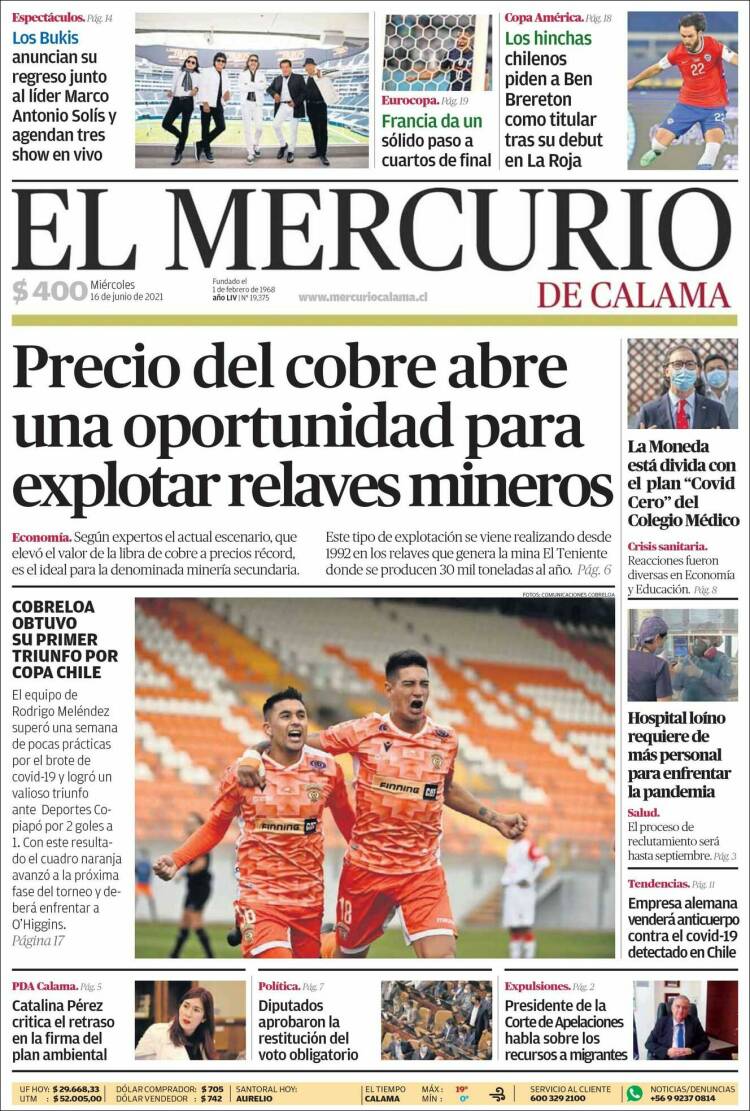 Portada de El Mercurio - Calama (Chile)