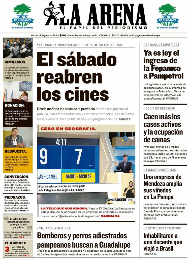 Portada de Diario La Arena (Argentina)