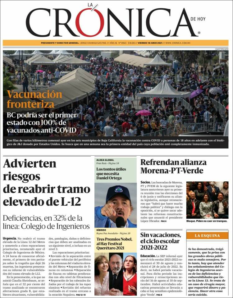 Portada de La Crónica de Hoy (M&eacute;xico)