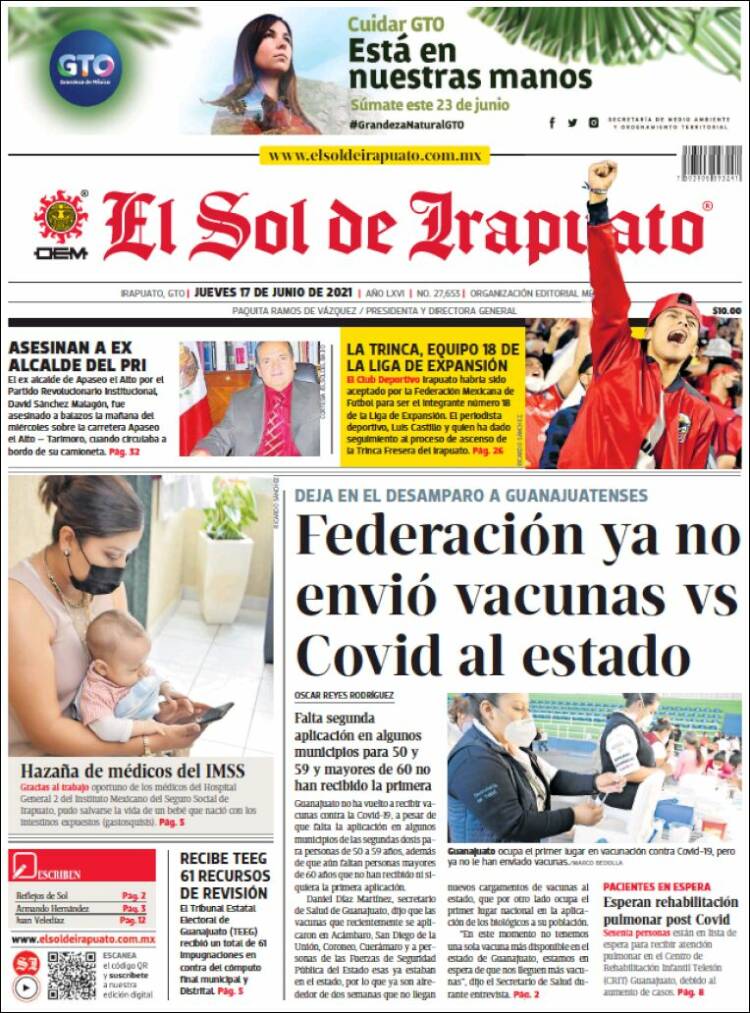 Portada de El Sol de Irapuato (M&eacute;xico)