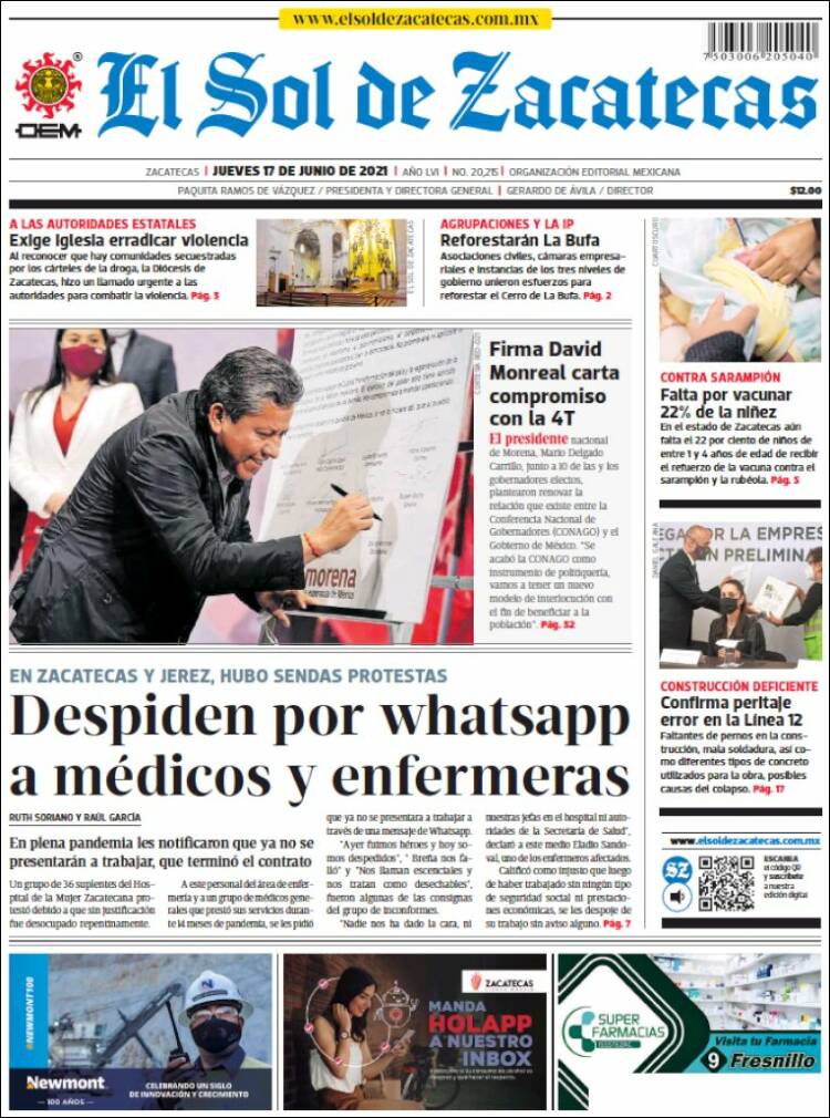 Portada de El Sol de Zacatecas (M&eacute;xico)