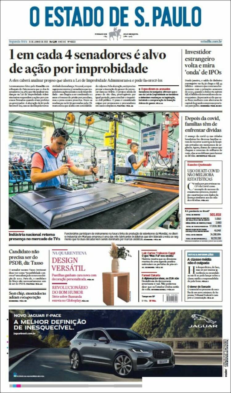 Portada de O Estado de São Paulo (Brasil)