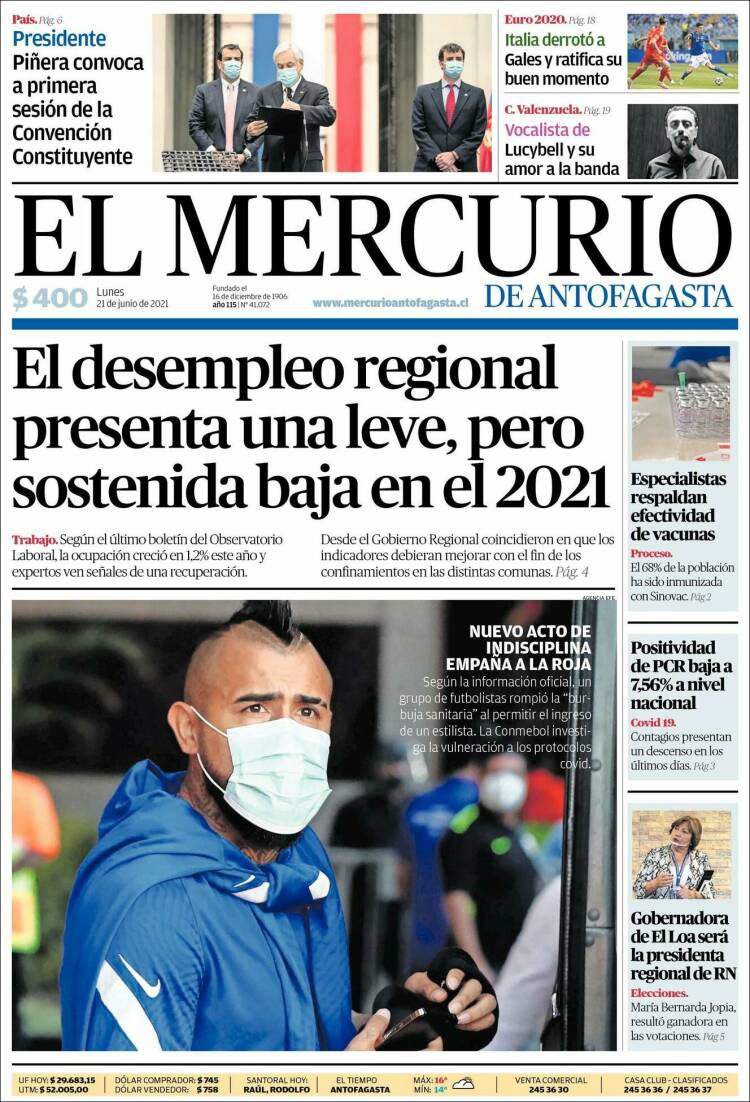 Portada de El Mercurio de Antofagasta (Chile)