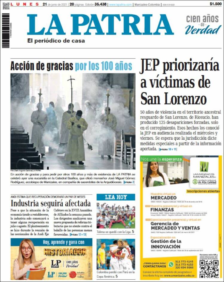 Portada de La Patria (Colombia)