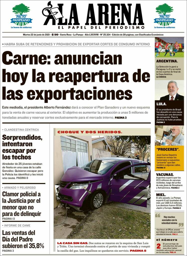 Portada de Diario La Arena (Argentina)
