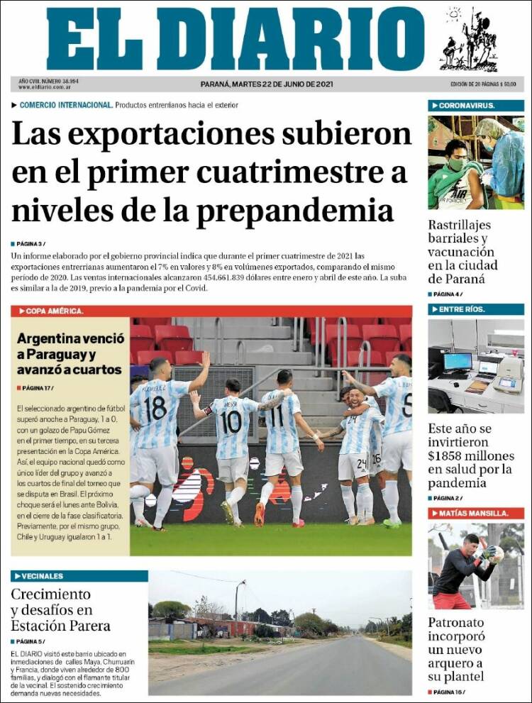 Portada de El Diario de Paraná (Argentina)