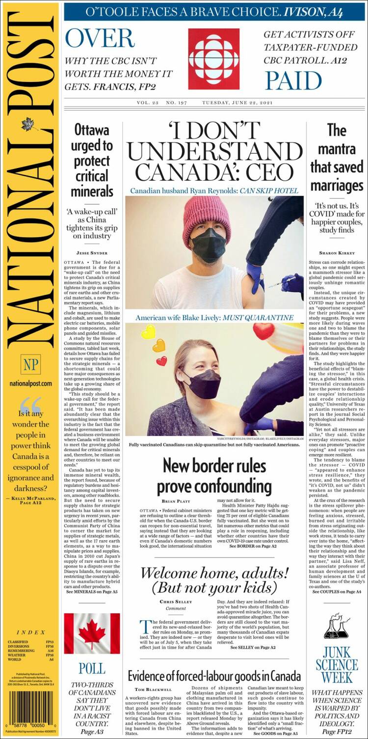 Portada de The National Post (Canada)