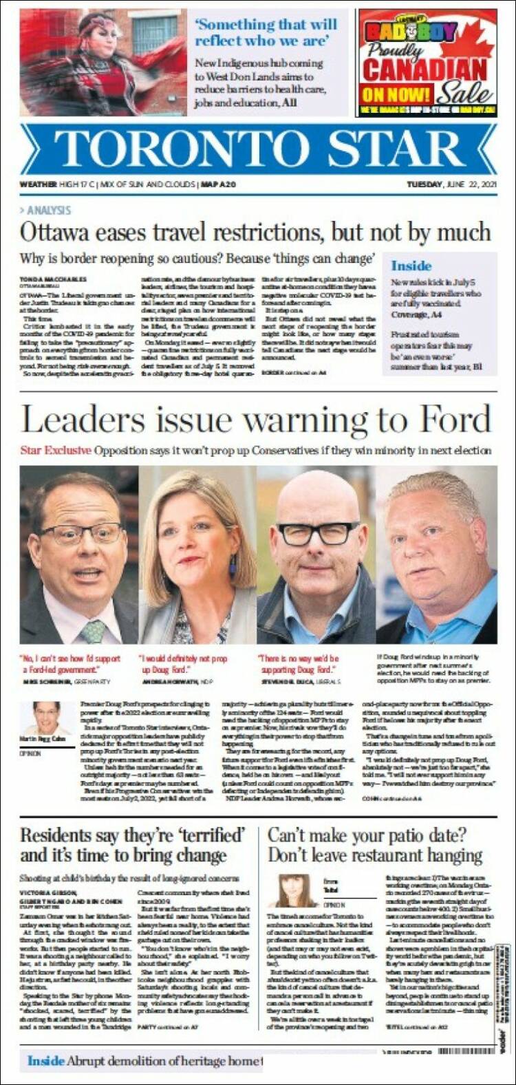 Portada de The Toronto Star (Canadá)