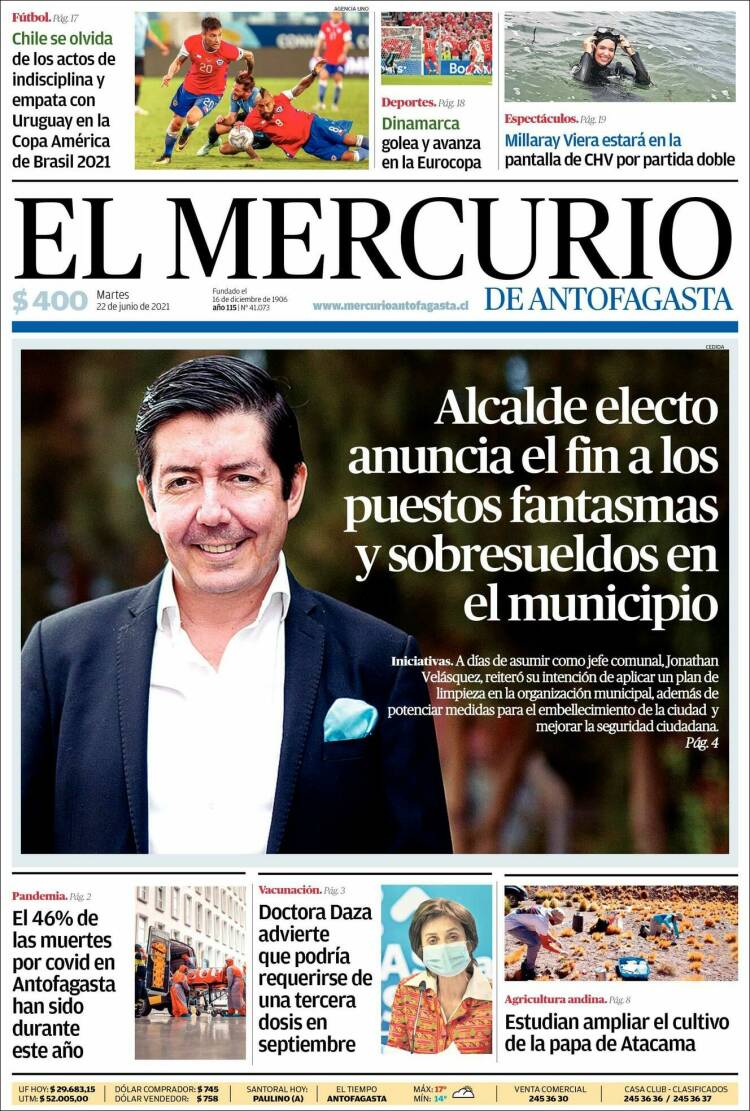 Portada de El Mercurio de Antofagasta (Chile)
