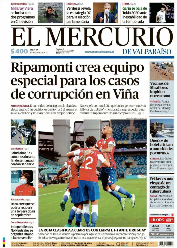 Portada de Mercurio de Valparaiso (Chile)