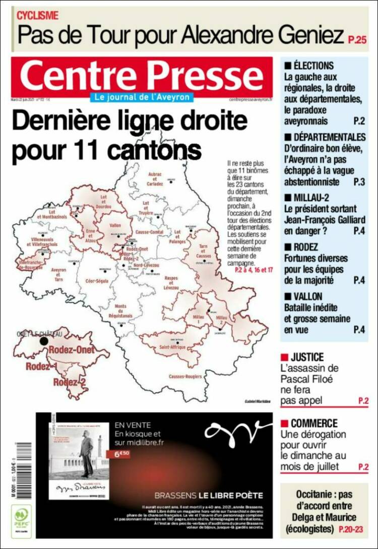 Portada de Centre Presse (Francia)