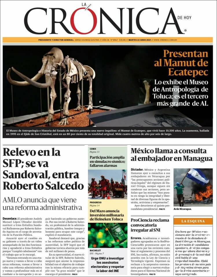 Portada de La Crónica de Hoy (M&eacute;xico)