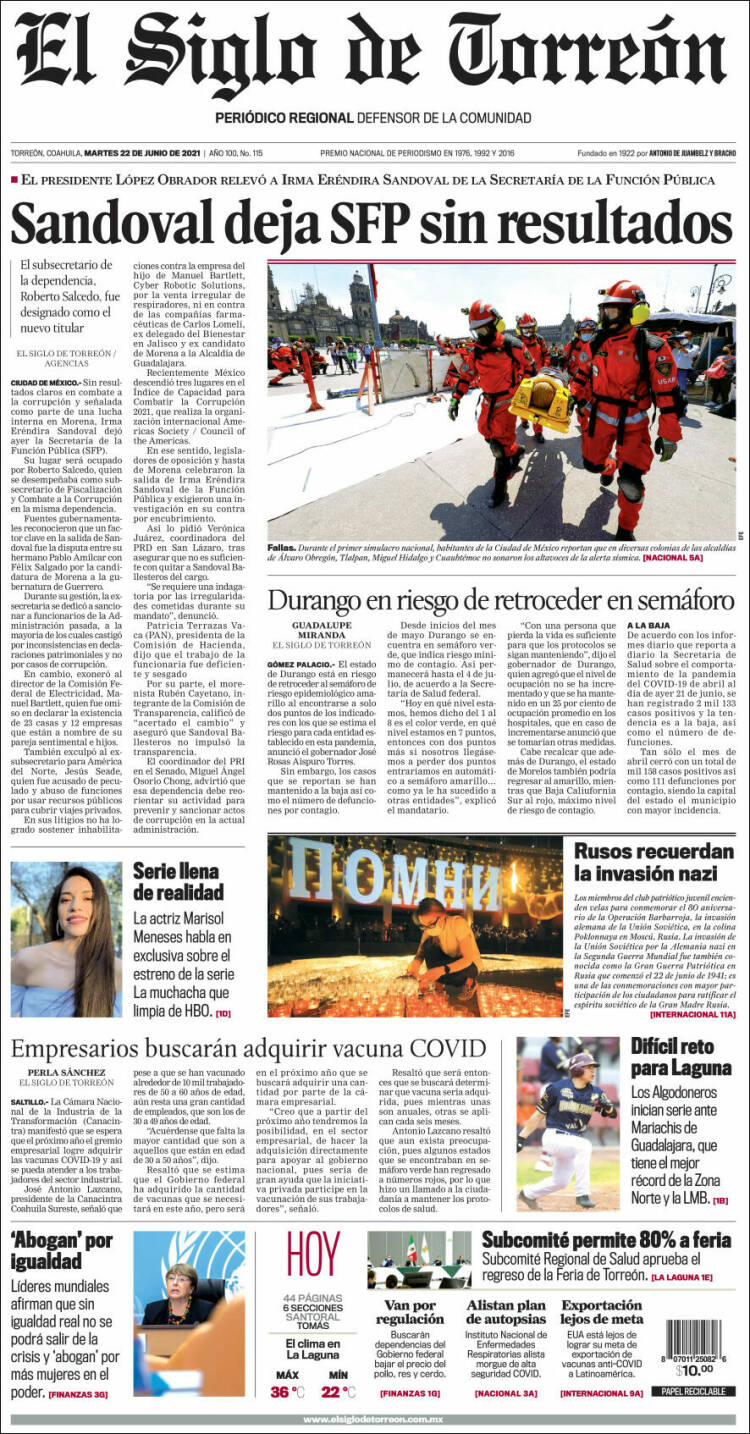 Portada de El Siglo de Torreon (M&eacute;xico)