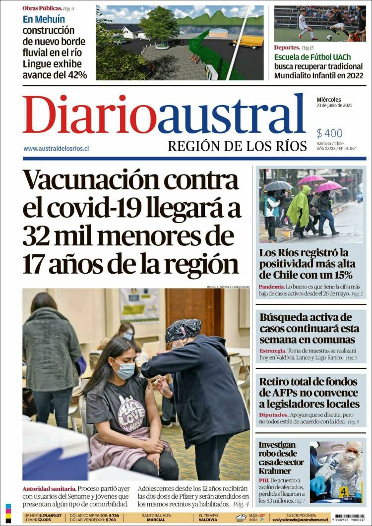 Portada de El Diario Austral de Valdivia (Chile)