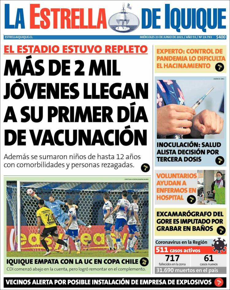 Portada de La Estrella de Iquique (Chile)