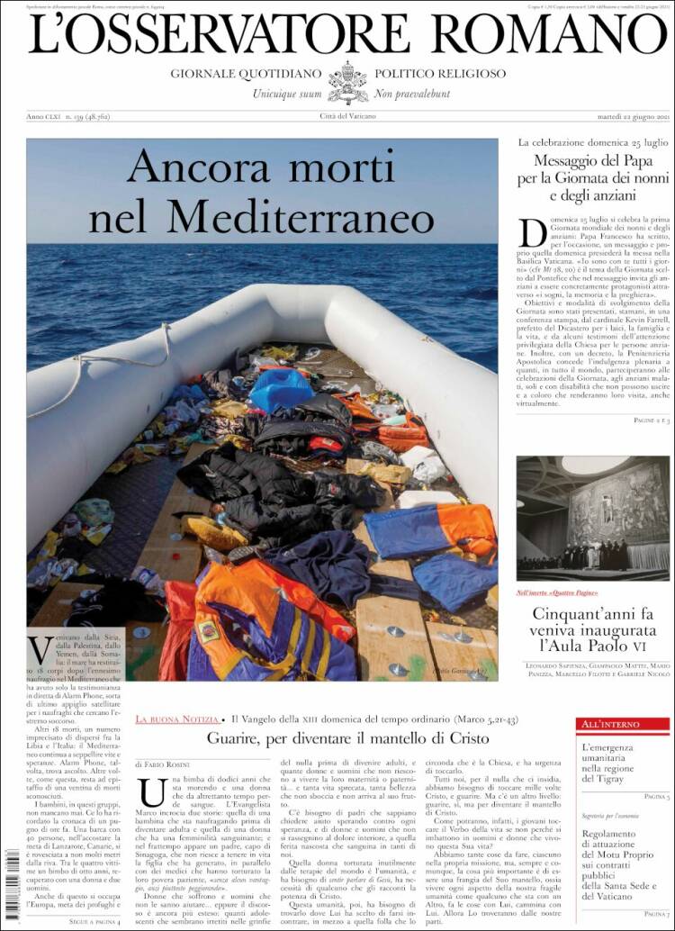 Portada de L'Osservatore Romano (Italia)