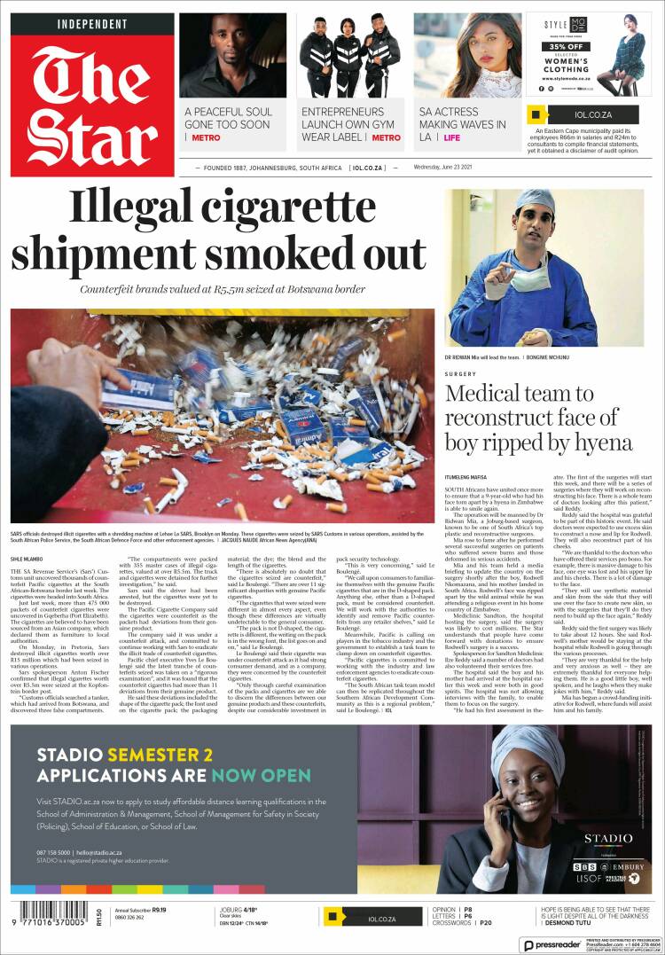 Portada de The Star (Sud&aacute;frica)