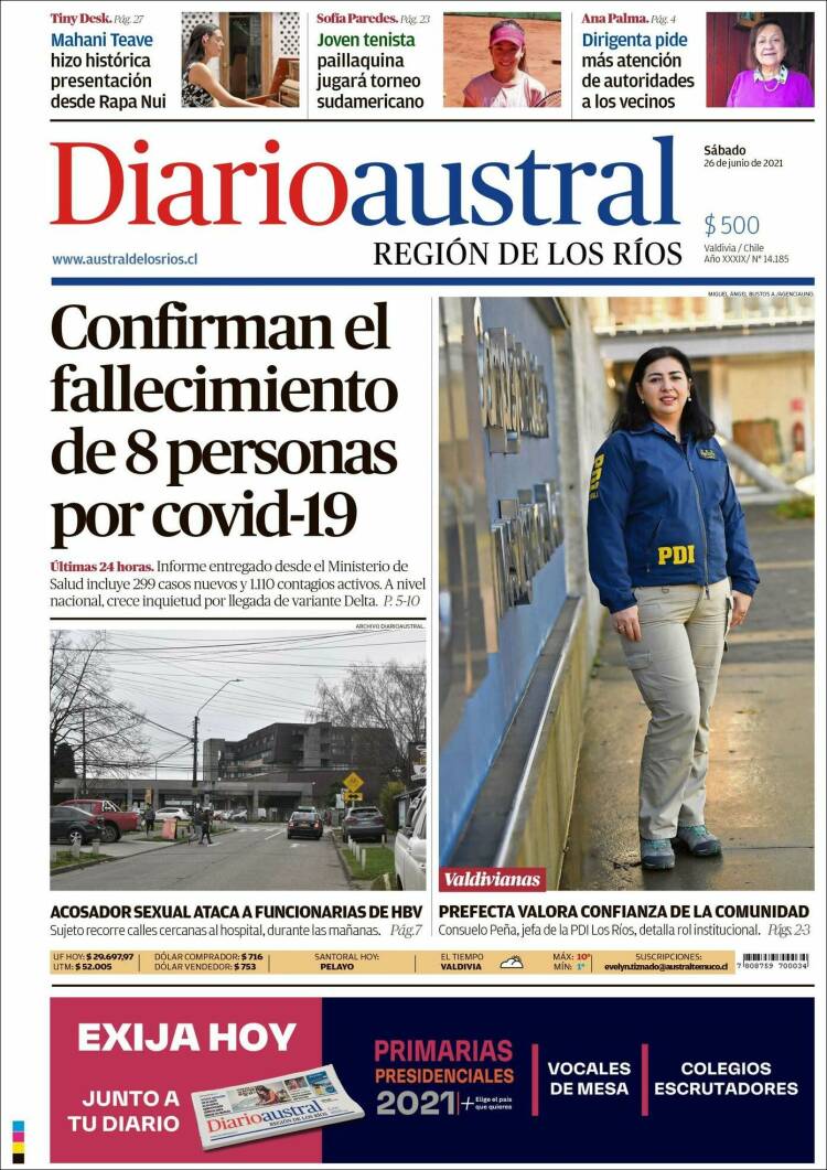 Portada de El Diario Austral de Valdivia (Chile)