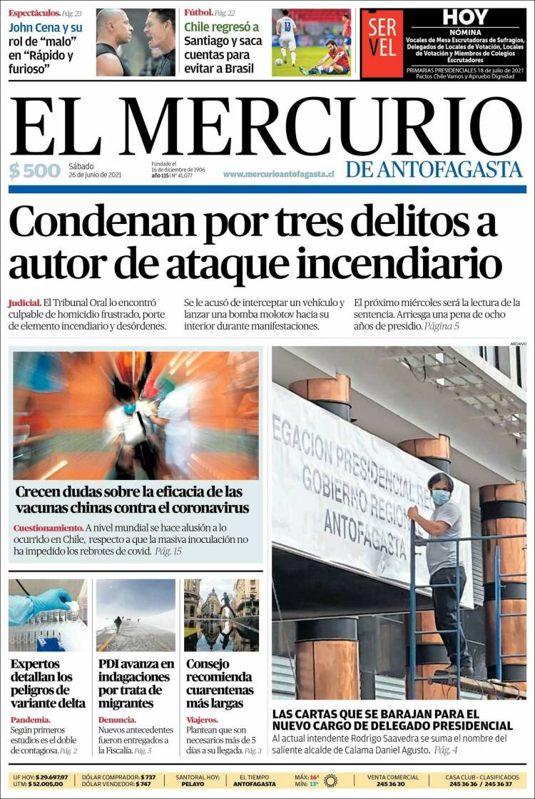 Portada de El Mercurio de Antofagasta (Chile)