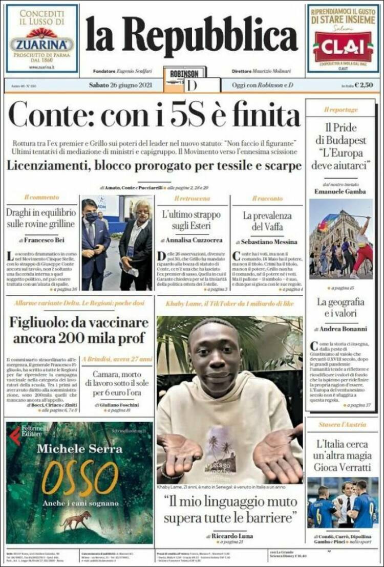 Portada de La Repubblica (Italia)