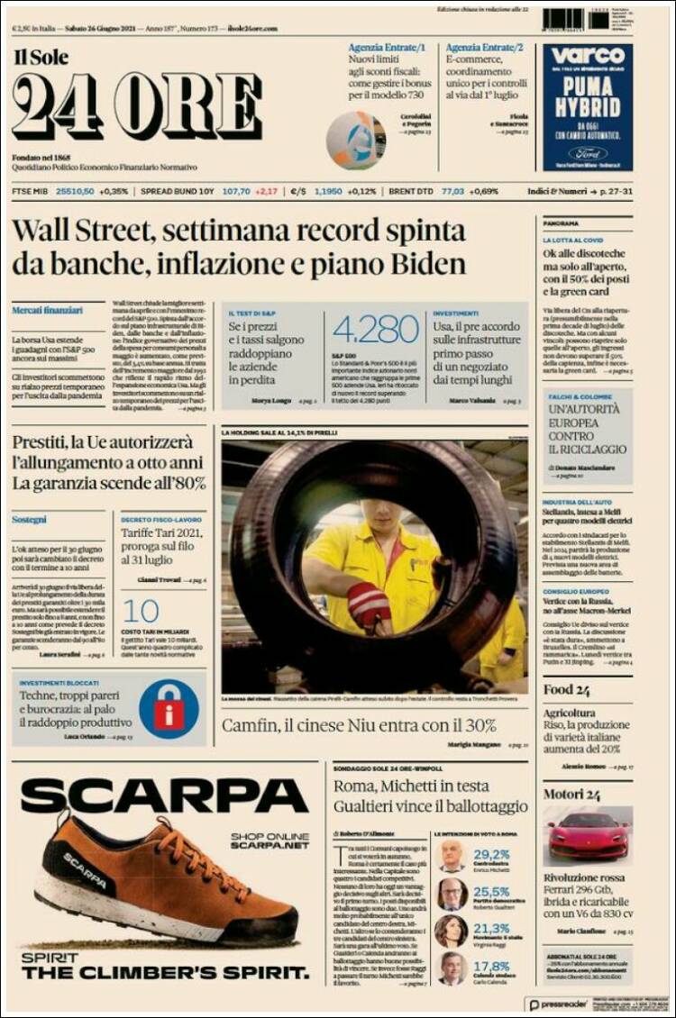 Portada de Il Sole 24 ORE (Italia)