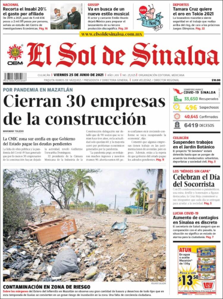 Portada de El Sol de Sinaloa (México)