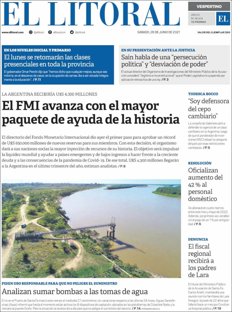 Portada de Diario El Litoral (Argentina)