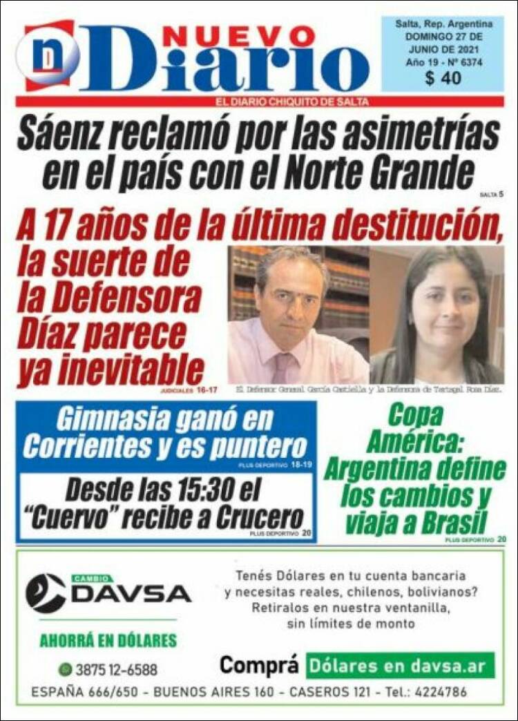 Portada de Nuevo Diario de Salta (Argentina)