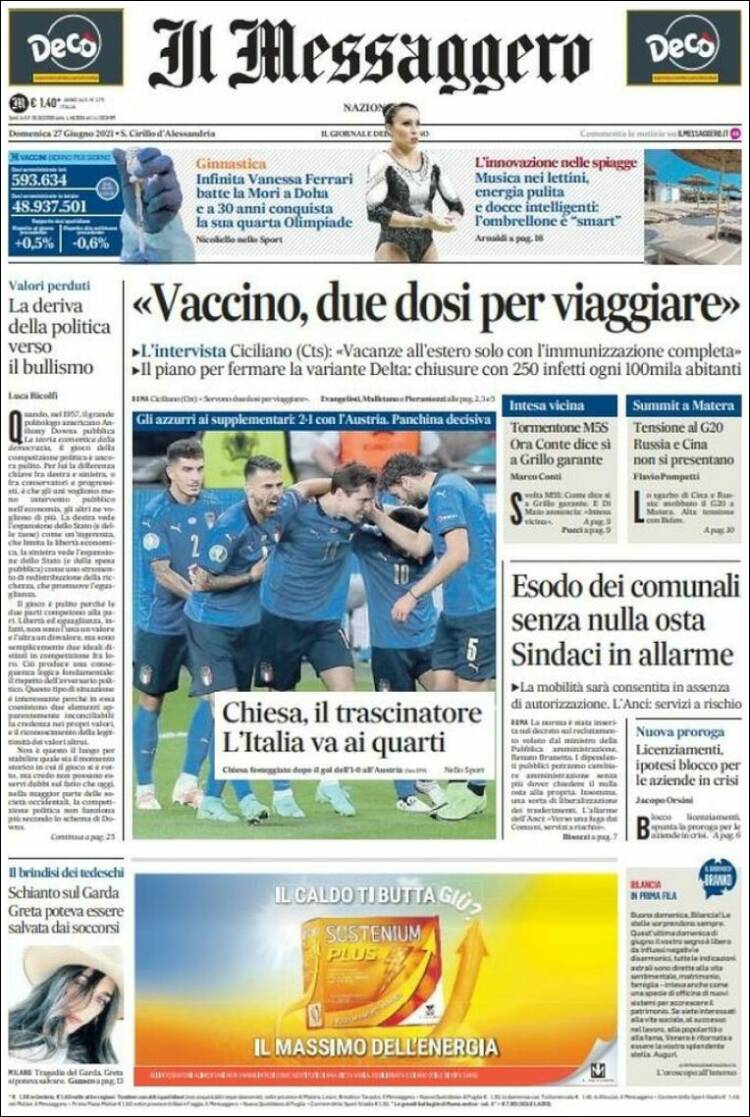 Portada de Il Messaggero (Italia)