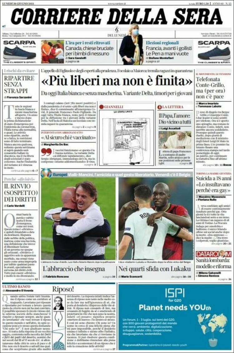 Portada de Corriere della Sera (Italia)