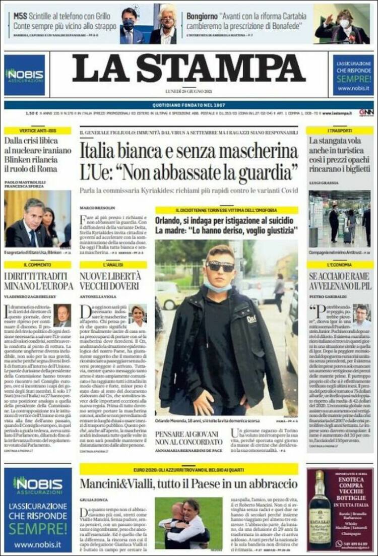 Portada de La Stampa (Italia)