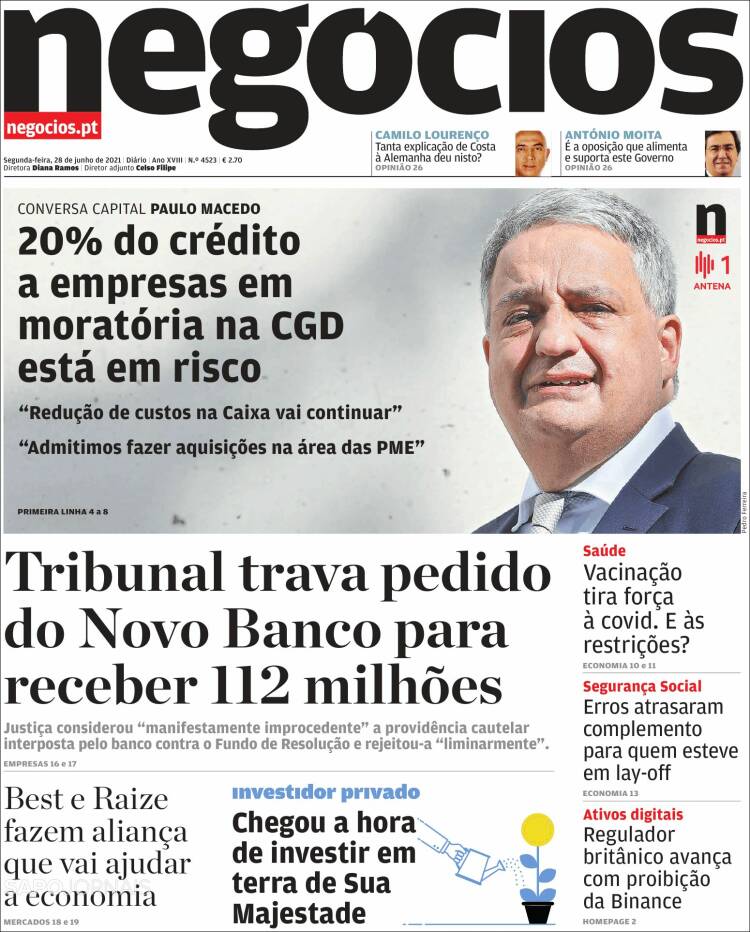 Portada de Jornal de Negócios (Portugal)