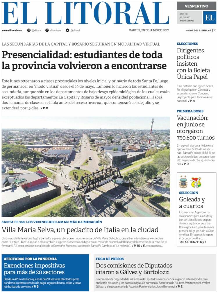 Portada de Diario El Litoral (Argentina)