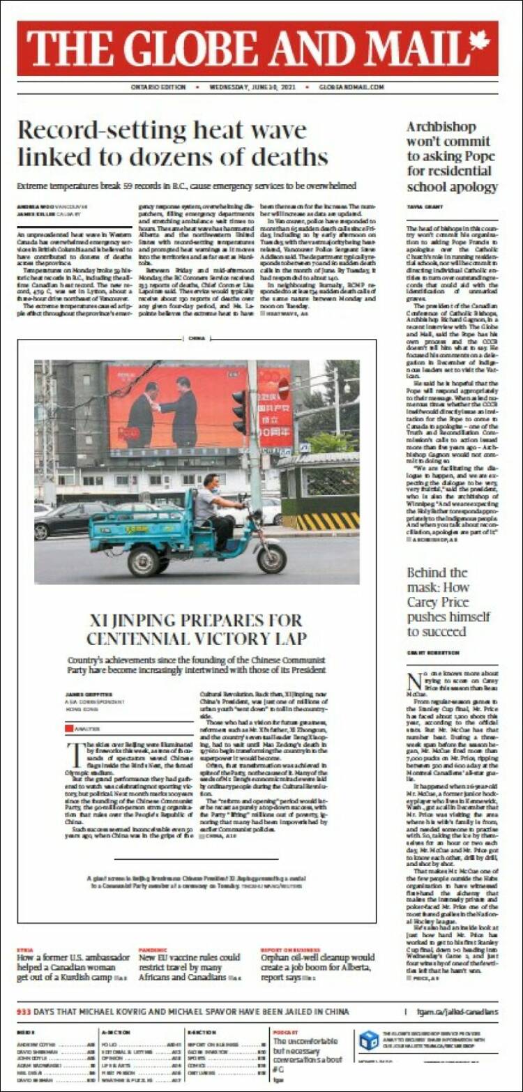 Portada de The Globe and Mail (Canadá)
