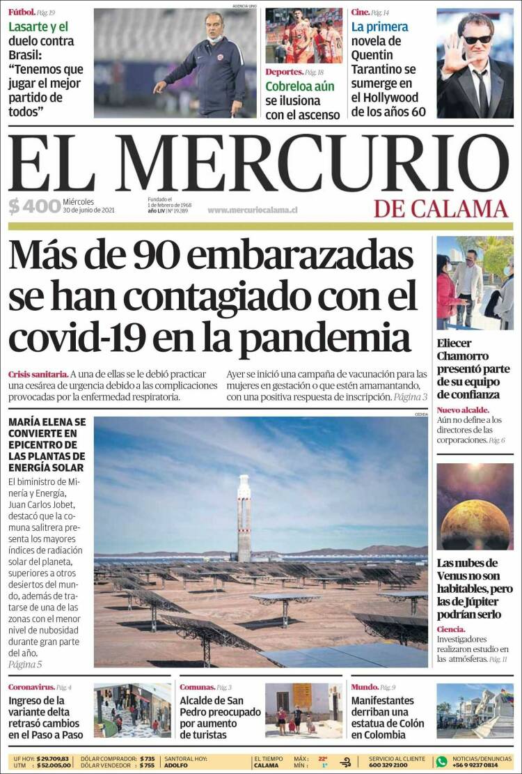 Portada de El Mercurio - Calama (Chile)