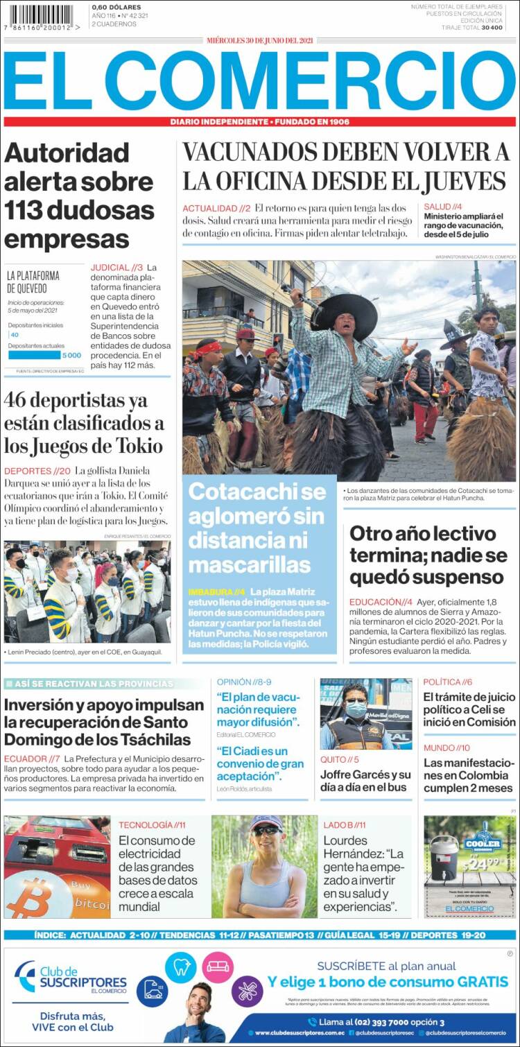 Portada de El Comercio (Ecuador)
