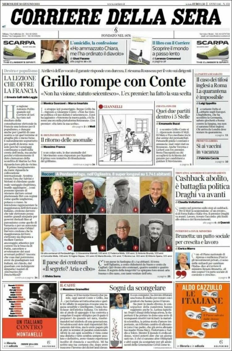 Portada de Corriere della Sera (Italia)