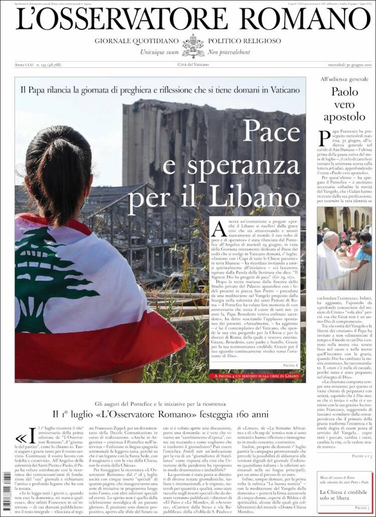 Portada de L'Osservatore Romano (Italia)