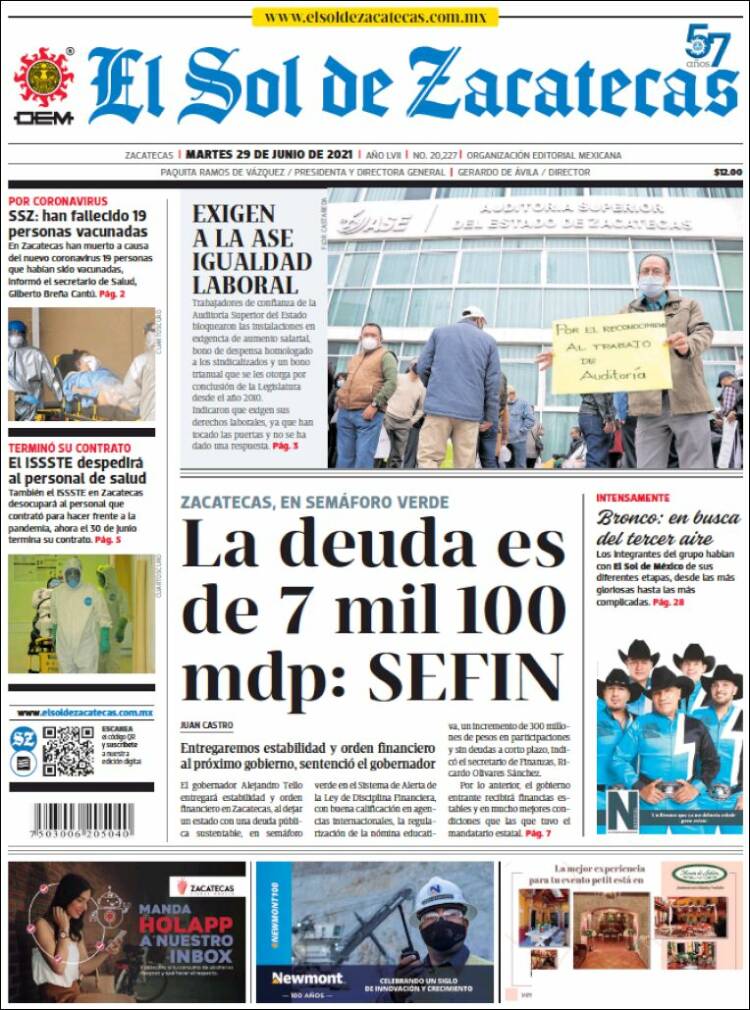 Portada de El Sol de Zacatecas (M&eacute;xico)