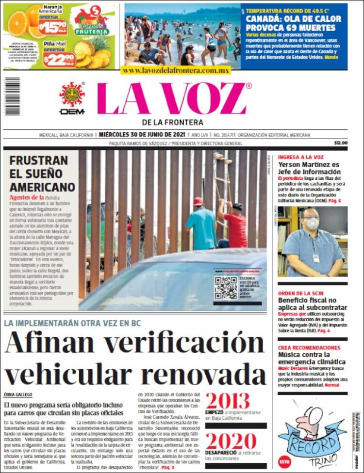 Portada de La Voz de la Frontera (M&eacute;xico)