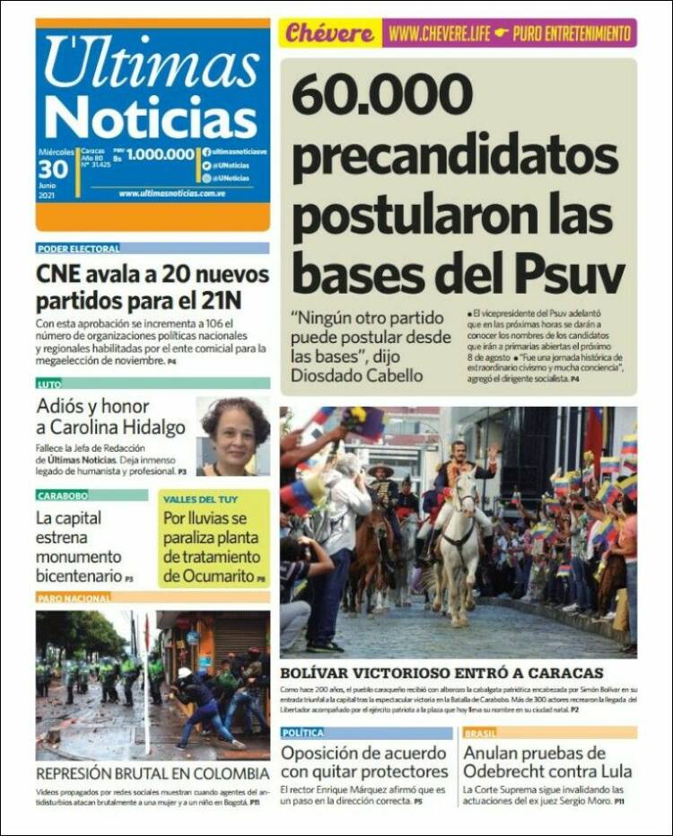 Portada de Últimas Noticias (Venezuela)