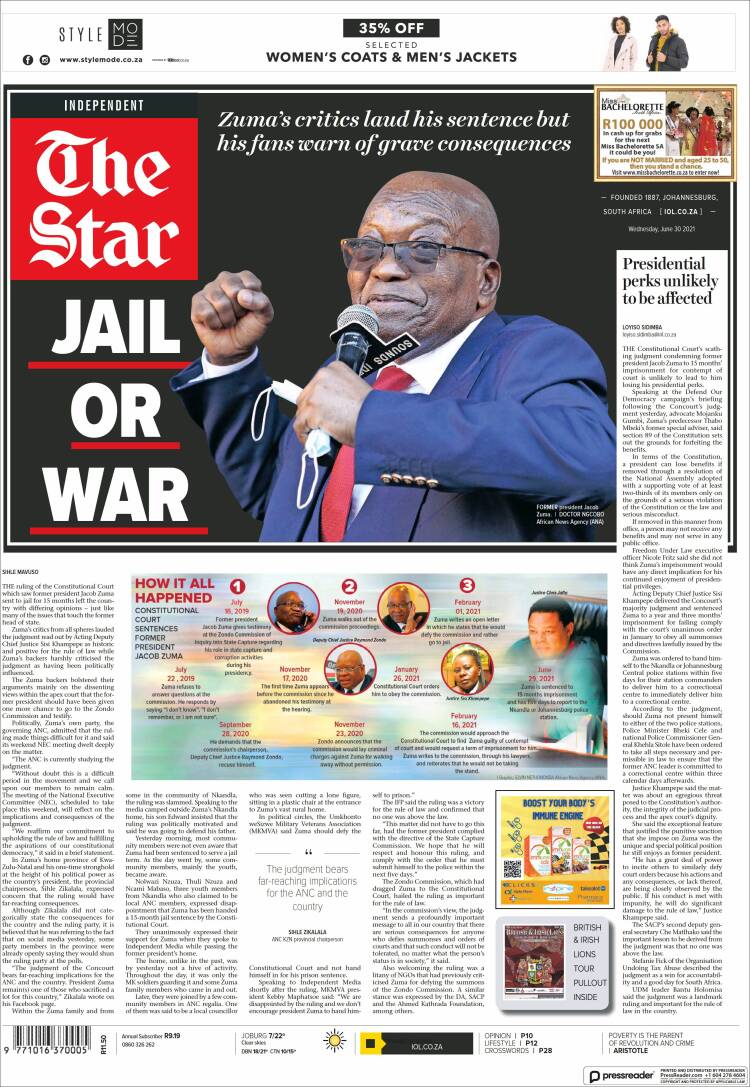 Portada de The Star (Sud&aacute;frica)