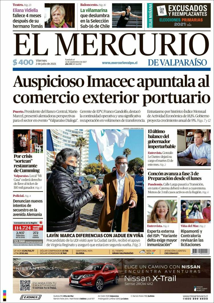 Portada de Mercurio de Valparaiso (Chile)