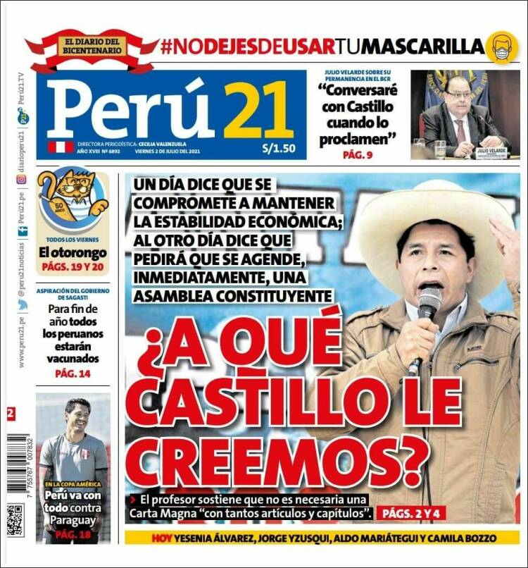 Portada de Perú 21 (Perú)