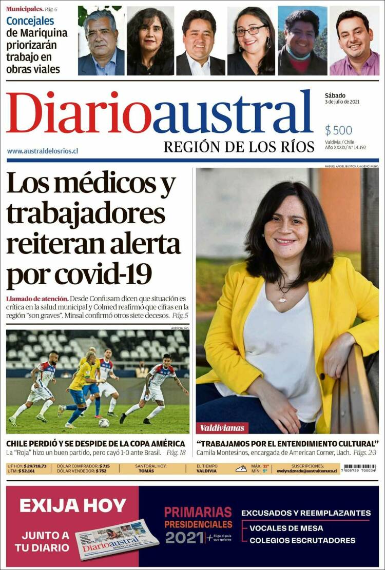 Portada de El Diario Austral de Valdivia (Chile)