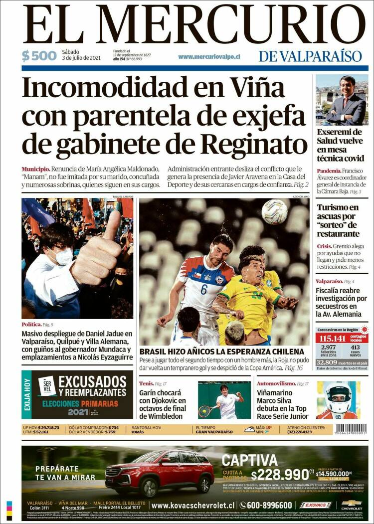 Portada de Mercurio de Valparaiso (Chile)