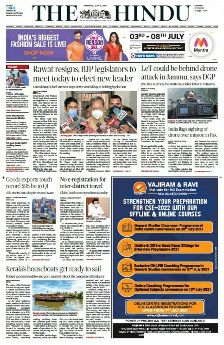 Portada de The Hindu (Inde)