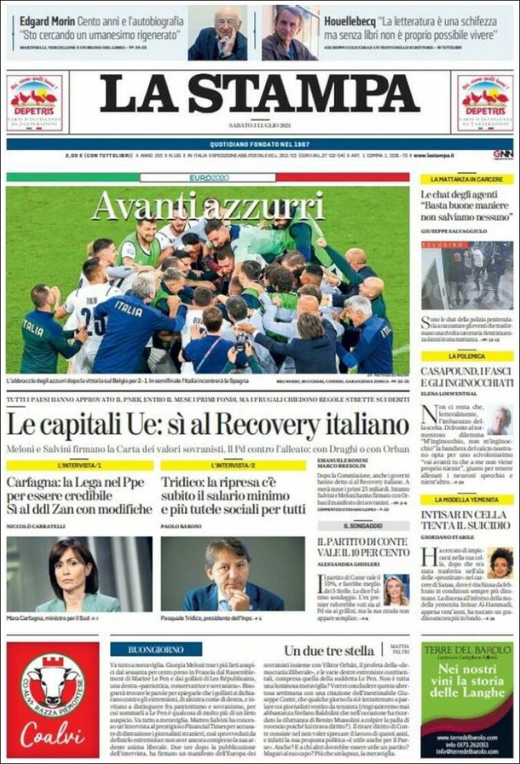 Portada de La Stampa (Italia)