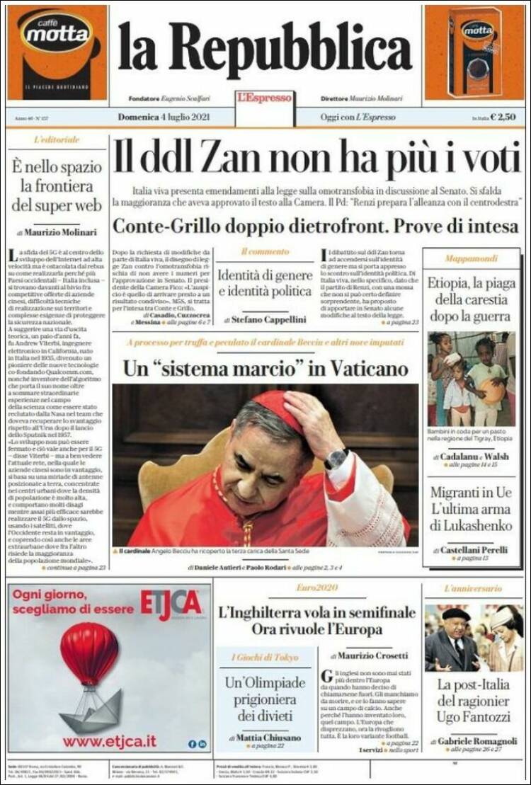 Portada de La Repubblica (Italia)