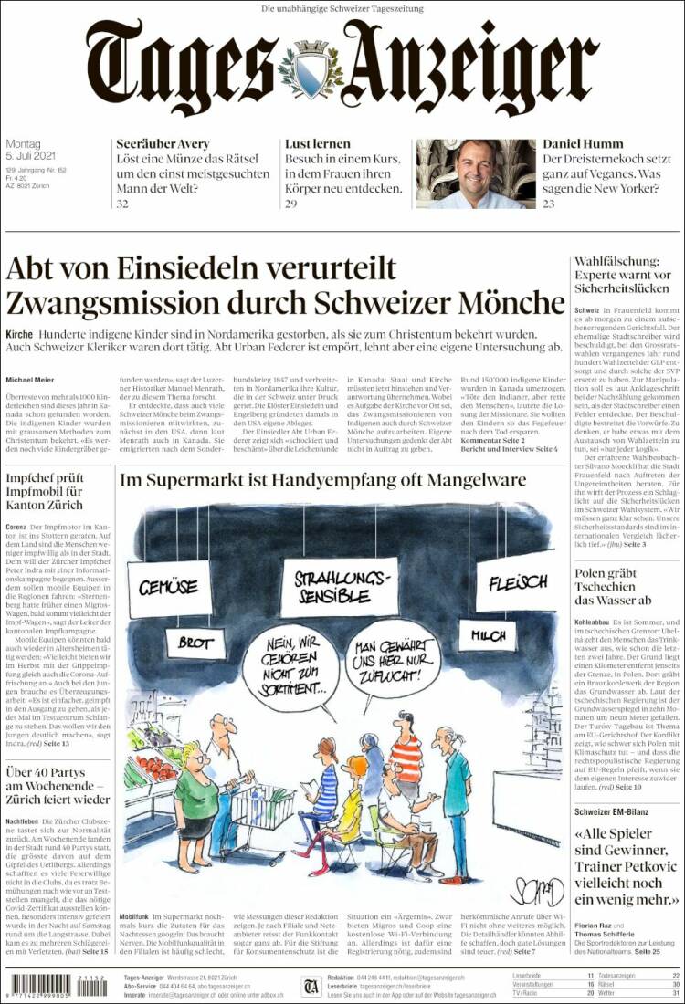 Portada de Tages-Anzeiger (Suiza)